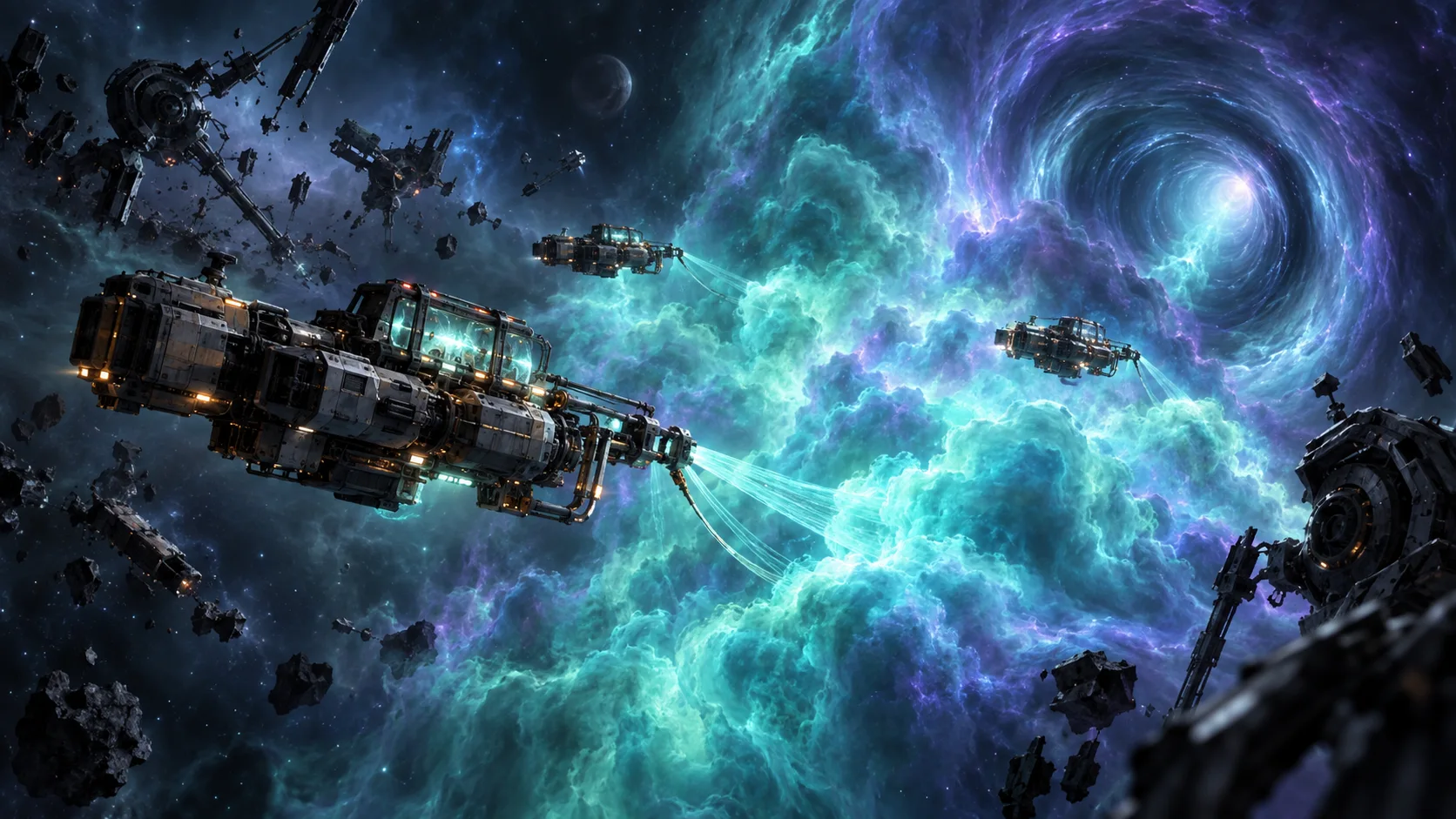 Illustration of ships harvesting a luminous gas cloud in wormhole space