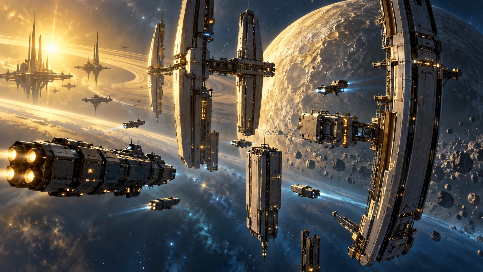 Illustration of industrial structures being prepared near a mineral-rich moon