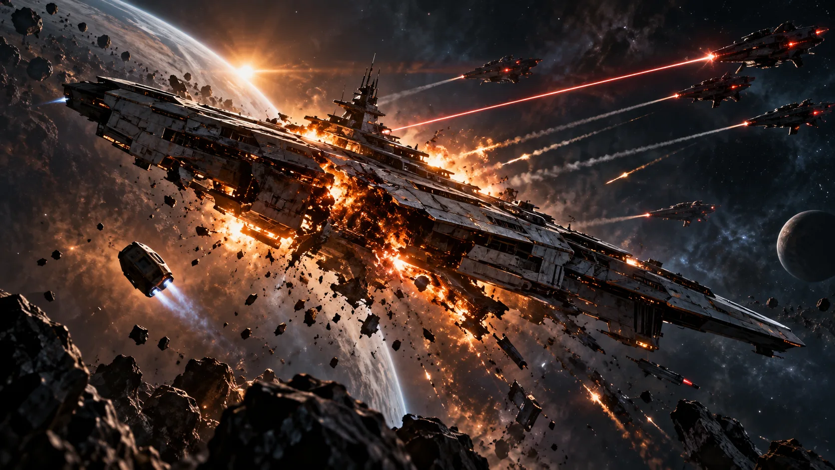Illustration of a lone battleship under fire in a nullsec ambush